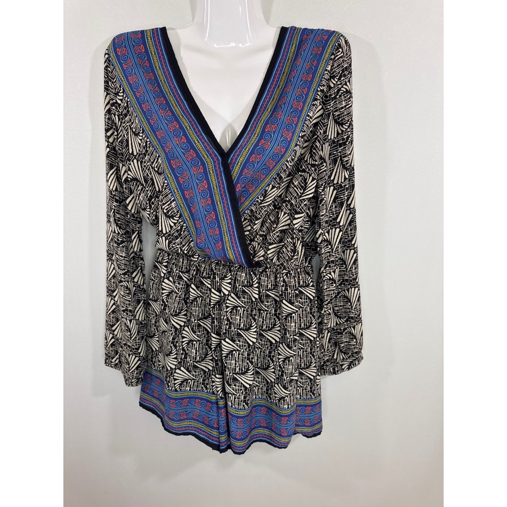 Lush Black White Geometric Tribal‎ Print Long Sleeve Romper V-Neck Size M Boho